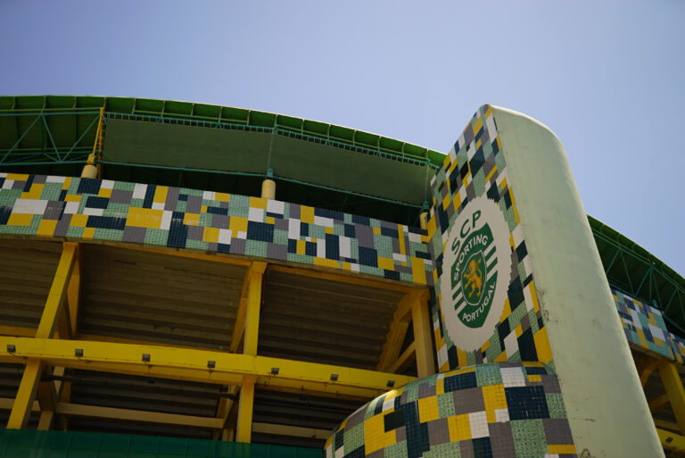 LISBON, PORTUGAL - Jul 13, 2021: Low angle shot of the Sporting Clube de Portugal logo and stadium